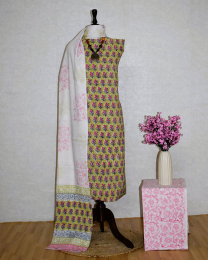 Small Floral Buti Hand Block Printed Cotton Suit With Malmal Dupatta