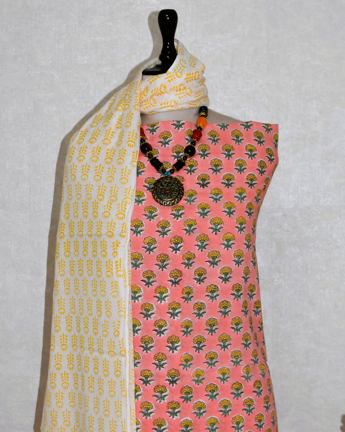 Small Floral Buti Hand Block Printed Cotton Suit With Malmal Dupatta