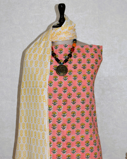 Small Floral Buti Hand Block Printed Cotton Suit With Malmal Dupatta