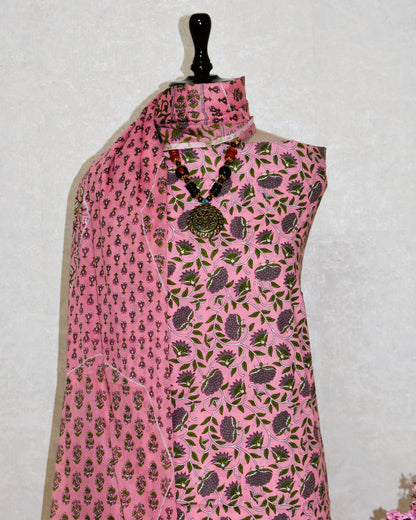 Pink Floral Jaipuri Printed Unstitched Cotton Suit Set