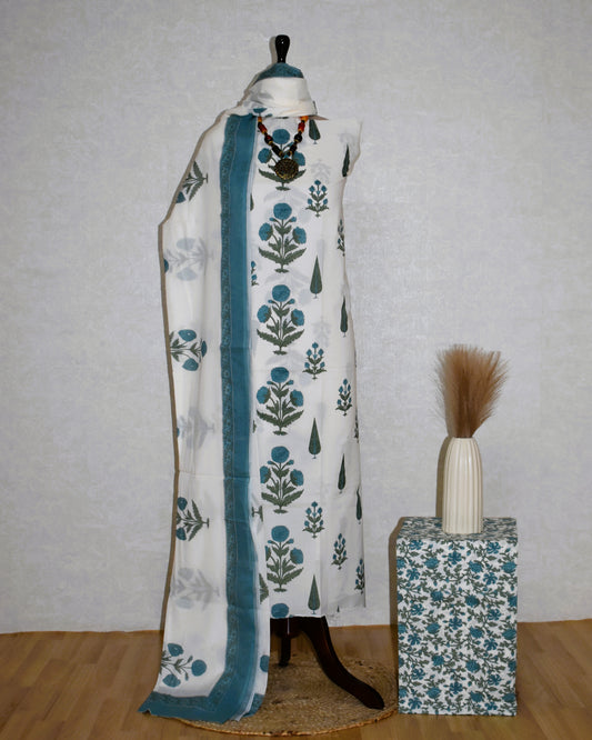 Blue Floral Jaipuri Printed Unstitched Cotton Suit Set