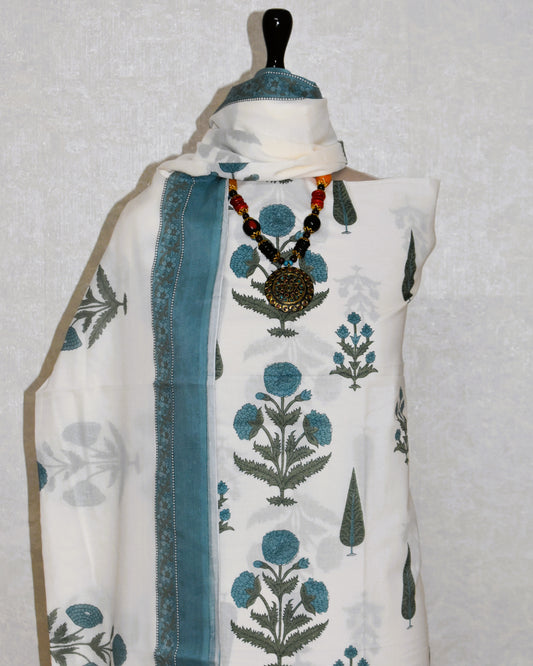 Blue Floral Jaipuri Printed Unstitched Cotton Suit Set