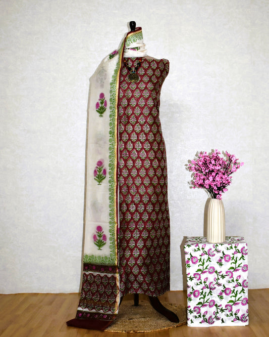 Timeless Red Chanderi Silk Suit with All-over floral Buti Sanganeri Print