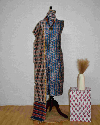 Timeless Blue Chanderi Silk Suit with All-over floral Sanganeri Print