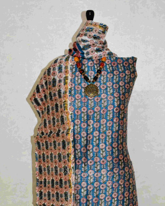 Timeless Blue Chanderi Silk Suit with All-over floral Sanganeri Print