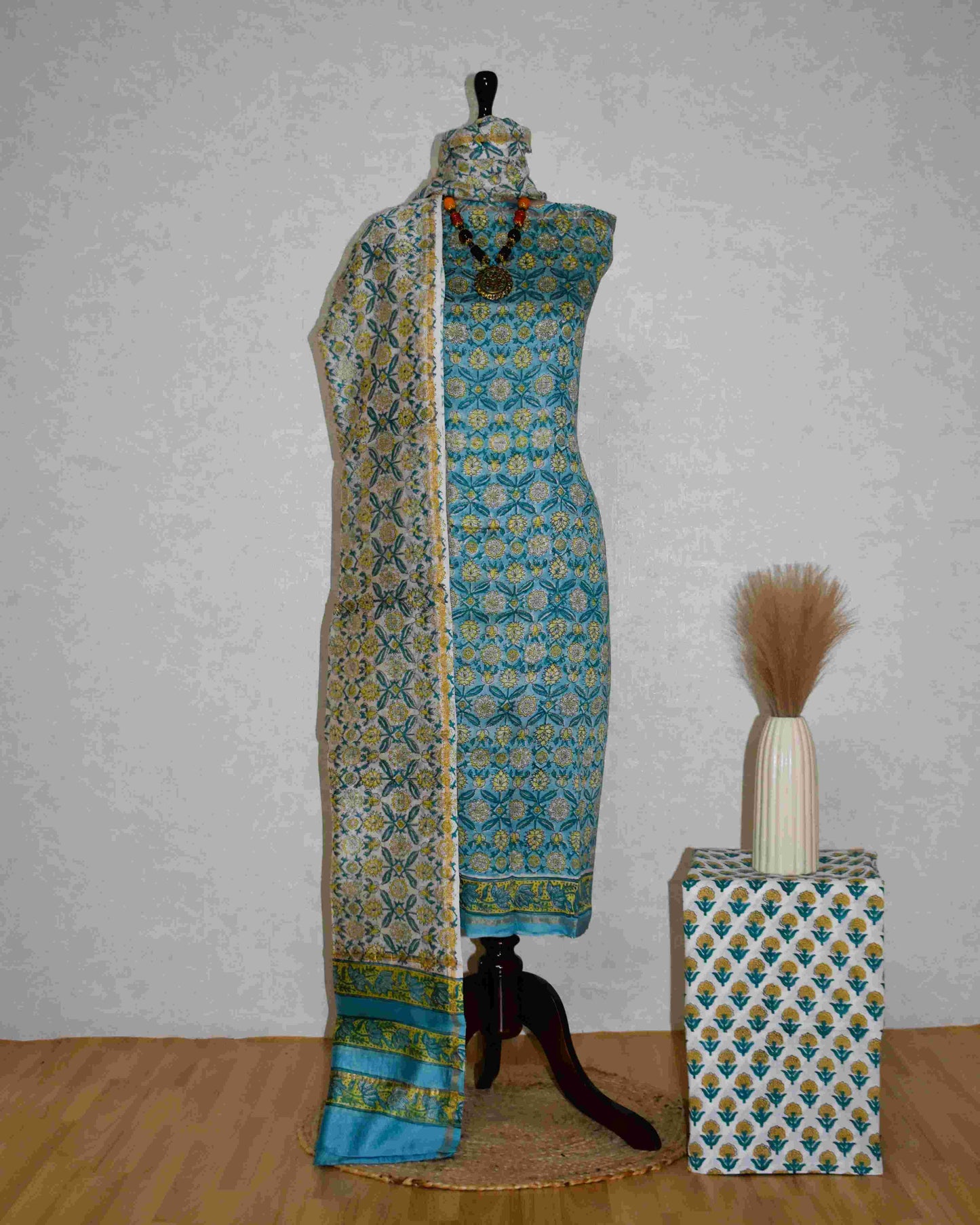 Timeless Blue-Green Chanderi Silk Suit with All-over floral Sanganeri Print