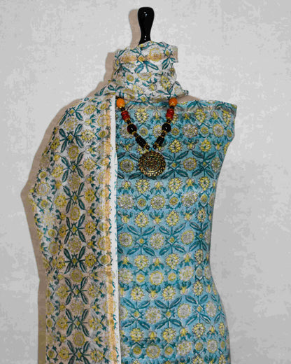 Timeless Blue-Green Chanderi Silk Suit with All-over floral Sanganeri Print