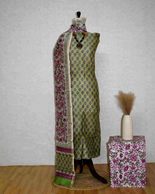 Green Chanderi Silk Suit with All-over Pink Floral buti Sanganeri Print