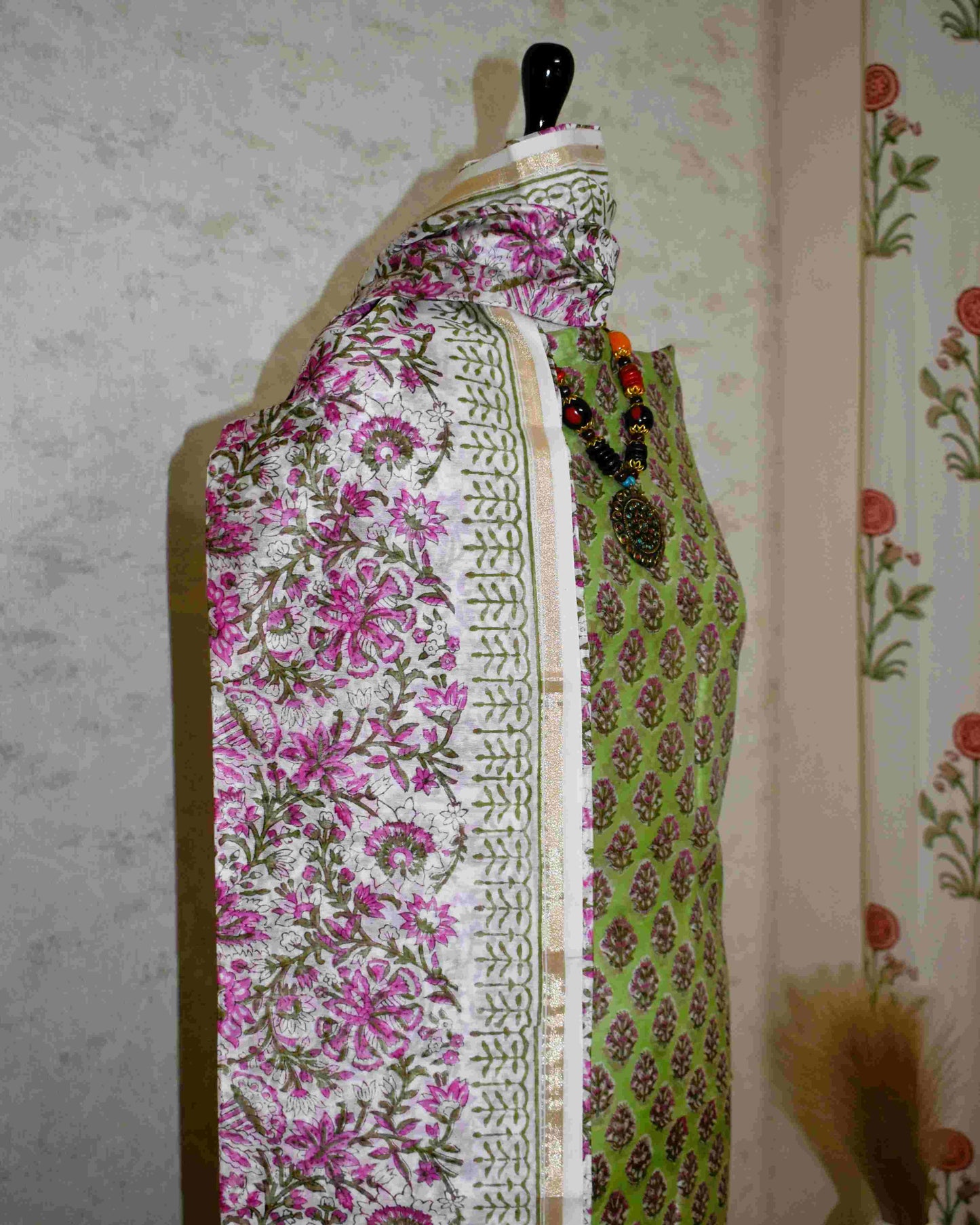 Green Chanderi Silk Suit with All-over Pink Floral buti Sanganeri Print
