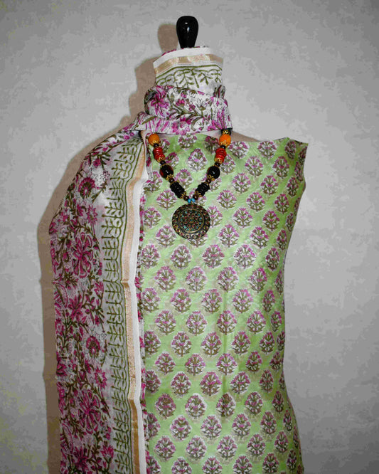 Green Chanderi Silk Suit with All-over Pink Floral buti Sanganeri Print
