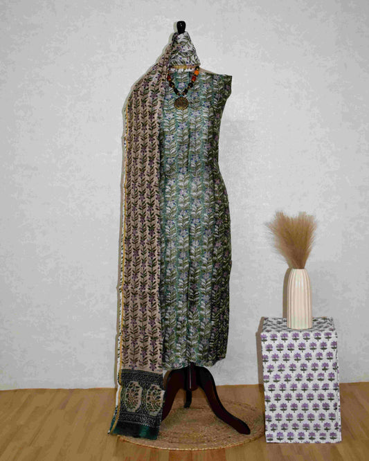 Green Chanderi Silk Suit with All-over Floral Leaf trail Sanganeri Print