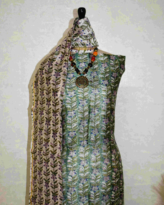 Green Chanderi Silk Suit with All-over Floral Leaf trail Sanganeri Print
