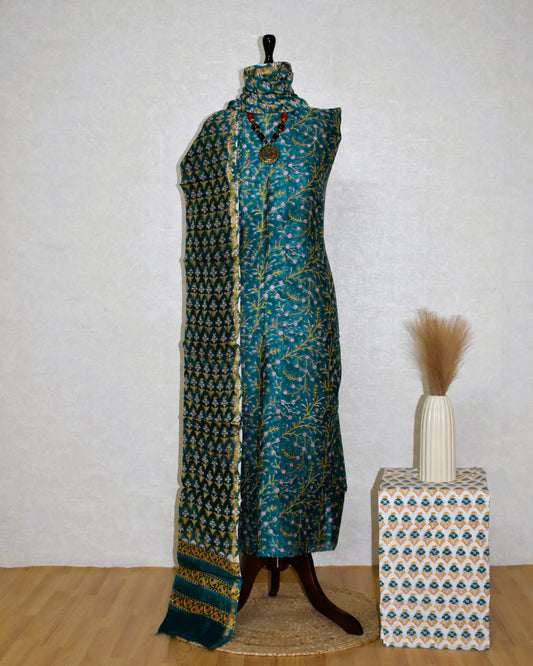 Blue-Green Chanderi Silk Suit with All-over Floral Botanical Sanganeri Print