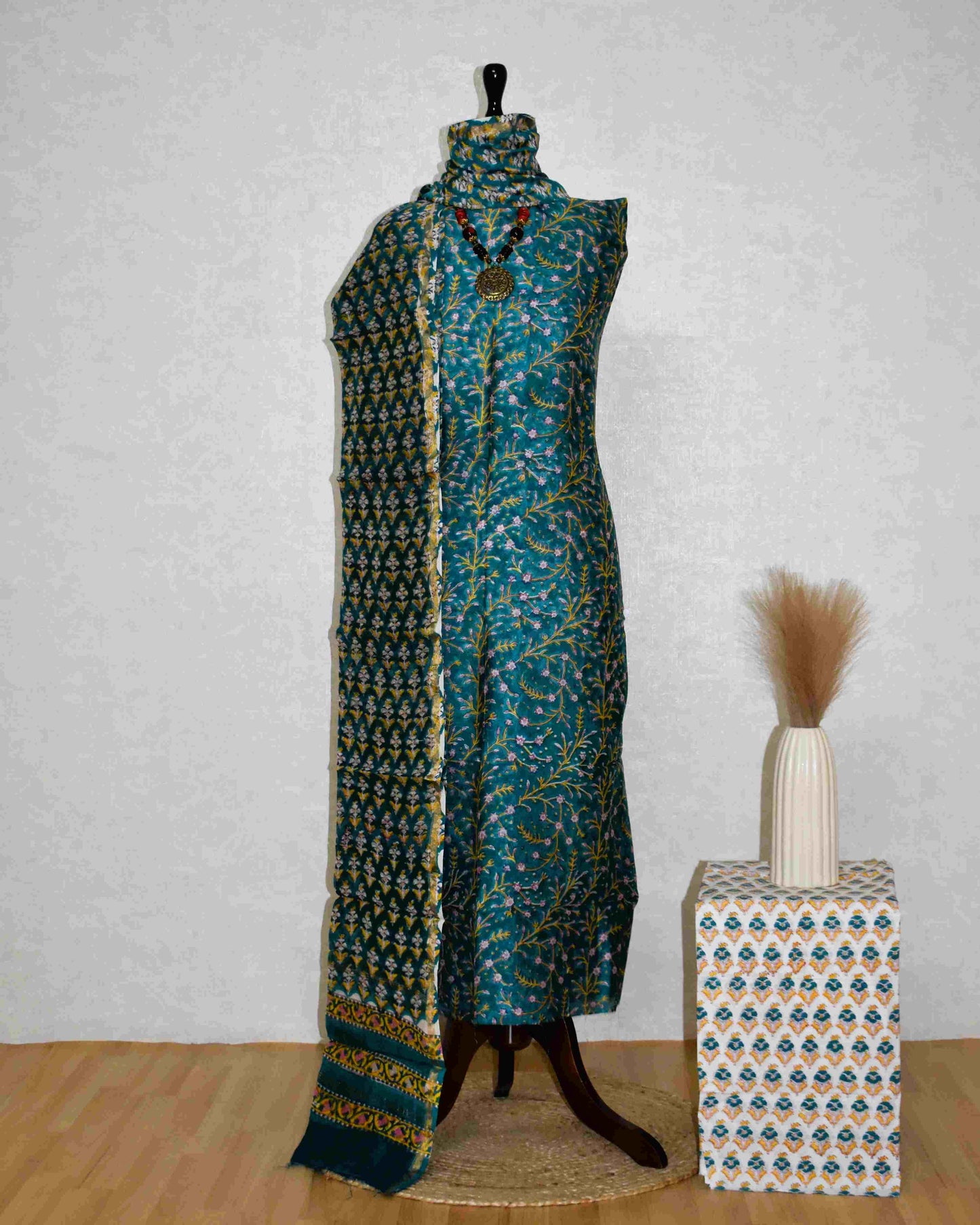 Blue-Green Chanderi Silk Suit with All-over Floral Botanical Sanganeri Print
