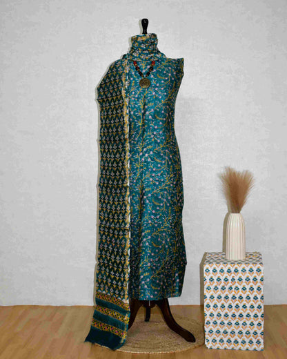 Blue-Green Chanderi Silk Suit with All-over Floral Botanical Sanganeri Print