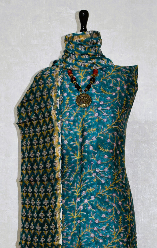 Blue-Green Chanderi Silk Suit with All-over Floral Botanical Sanganeri Print