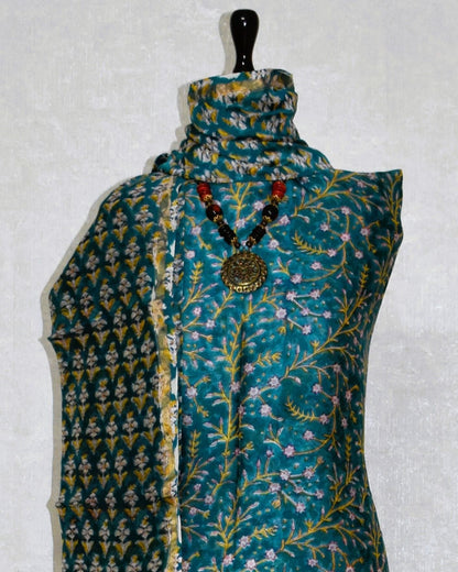 Blue-Green Chanderi Silk Suit with All-over Floral Botanical Sanganeri Print