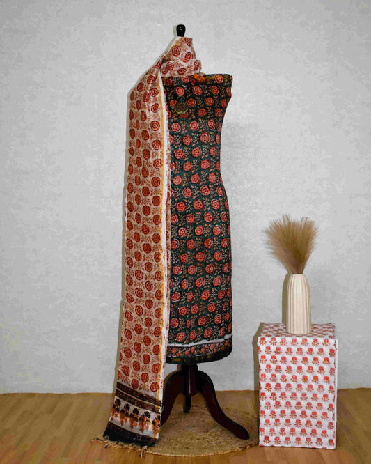 Green Chanderi Silk Suit with All-over Red Floral Sanganeri Print