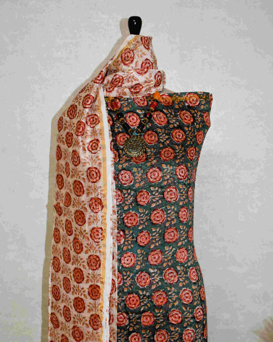 Green Chanderi Silk Suit with All-over Red Floral Sanganeri Print