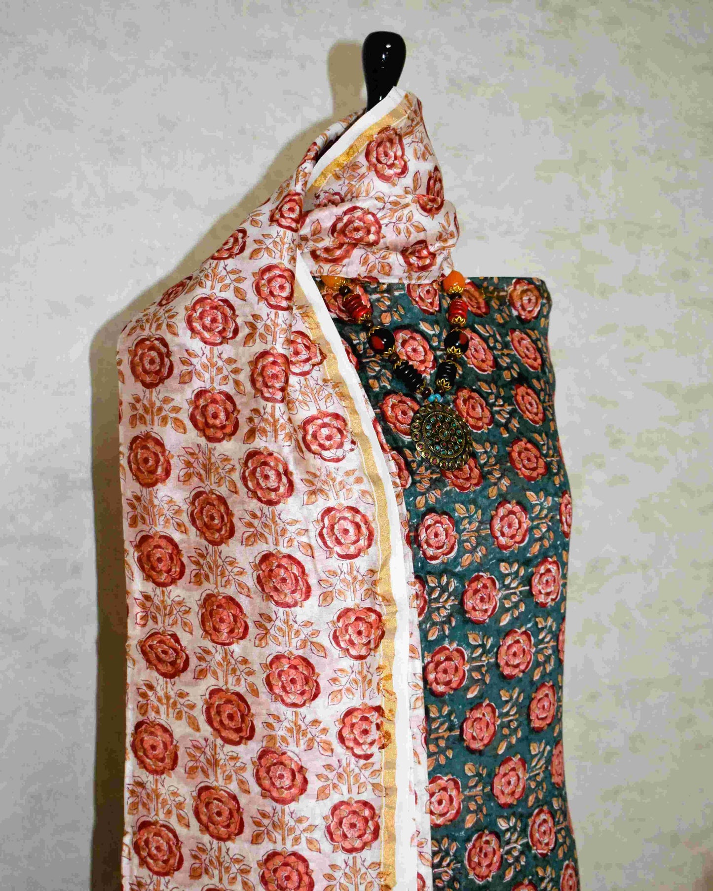 Green Chanderi Silk Suit with All-over Red Floral Sanganeri Print