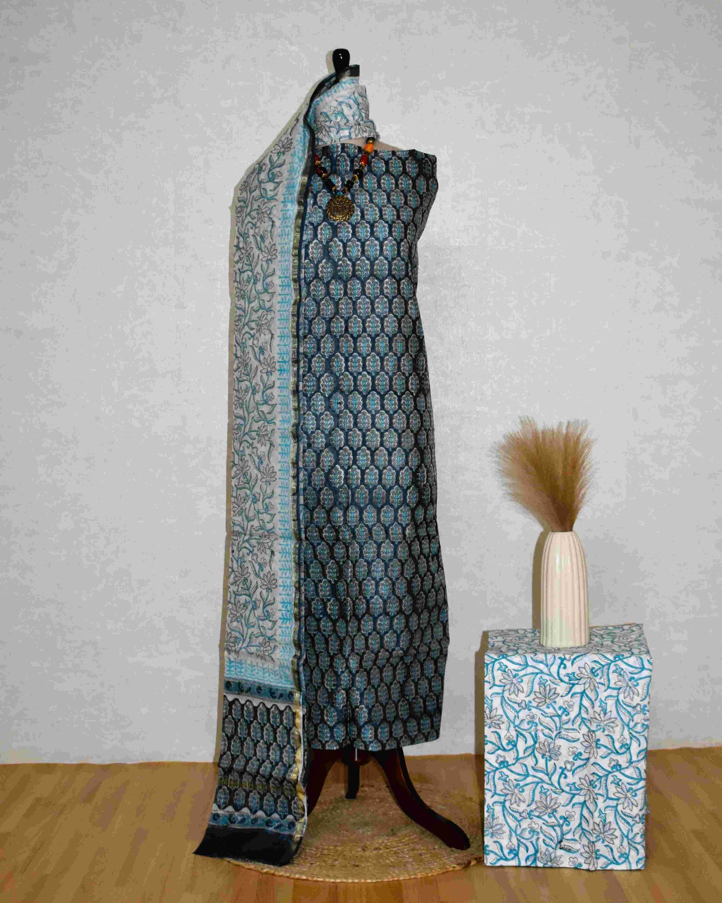 Chanderi Silk Suit with All-over Blue Floral Sanganeri Print