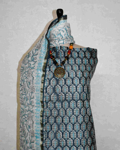 Chanderi Silk Suit with All-over Blue Floral Sanganeri Print