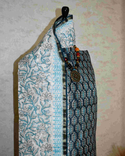 Chanderi Silk Suit with All-over Blue Floral Sanganeri Print