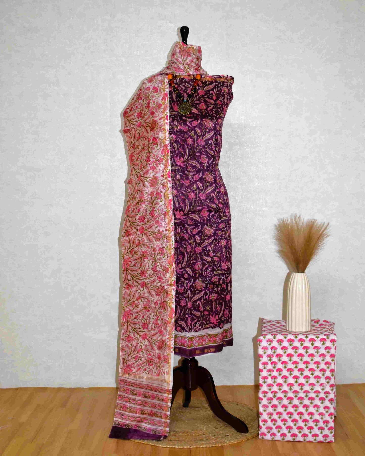 Berry maroon Chanderi Silk Suit with All-over Floral Jaal Sanganeri Print