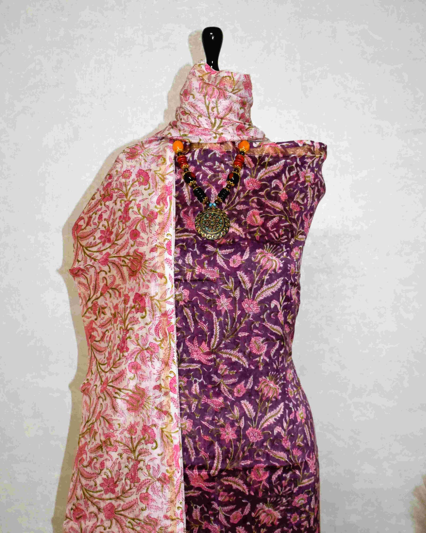 Berry maroon Chanderi Silk Suit with All-over Floral Jaal Sanganeri Print