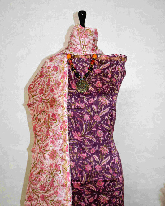 Berry maroon Chanderi Silk Suit with All-over Floral Jaal Sanganeri Print