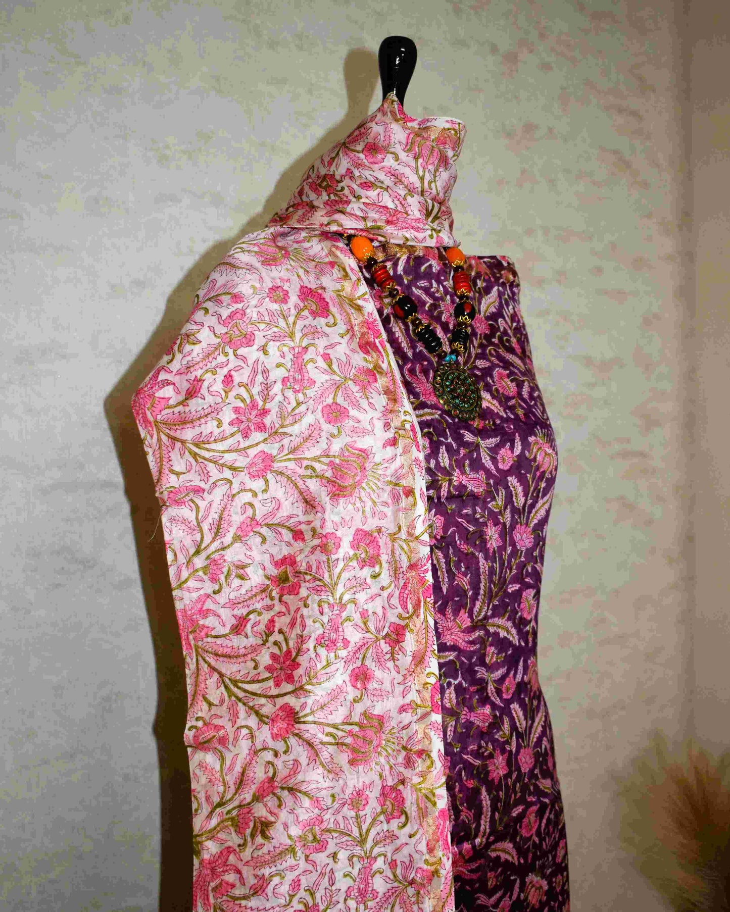 Berry maroon Chanderi Silk Suit with All-over Floral Jaal Sanganeri Print