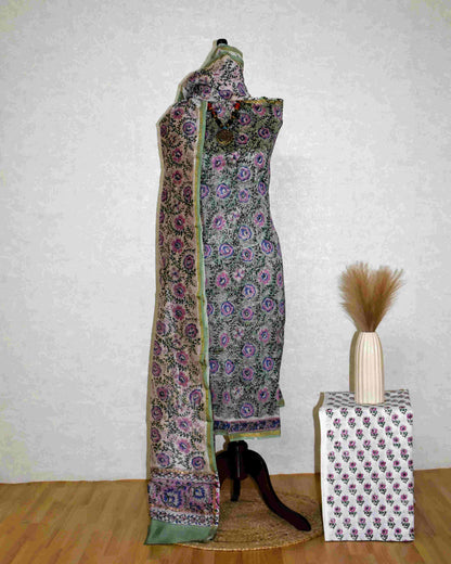 Timeless Green Chanderi Silk Suit with All-over pink Floral Jaal Sanganeri Print