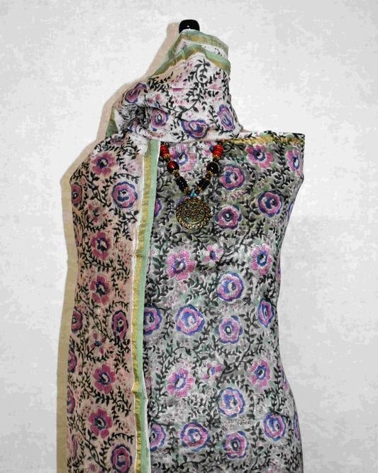 Timeless Green Chanderi Silk Suit with All-over pink Floral Jaal Sanganeri Print