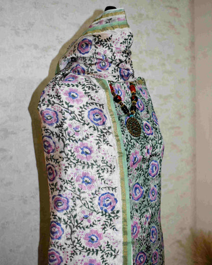 Timeless Green Chanderi Silk Suit with All-over pink Floral Jaal Sanganeri Print