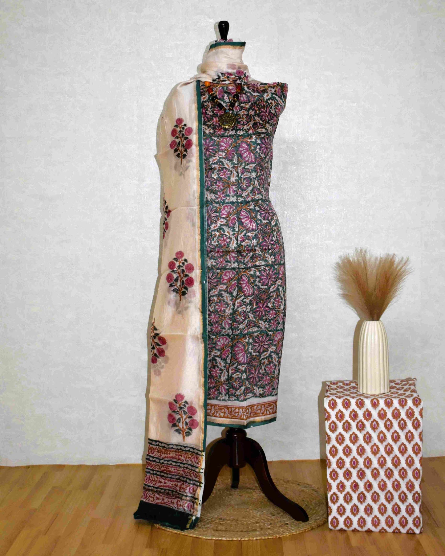 Timeless Green Chanderi Silk Suit with All-over pink Floral Jaal Print