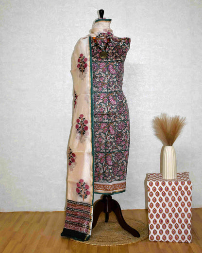 Timeless Green Chanderi Silk Suit with All-over pink Floral Jaal Print