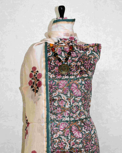 Timeless Green Chanderi Silk Suit with All-over pink Floral Jaal Print