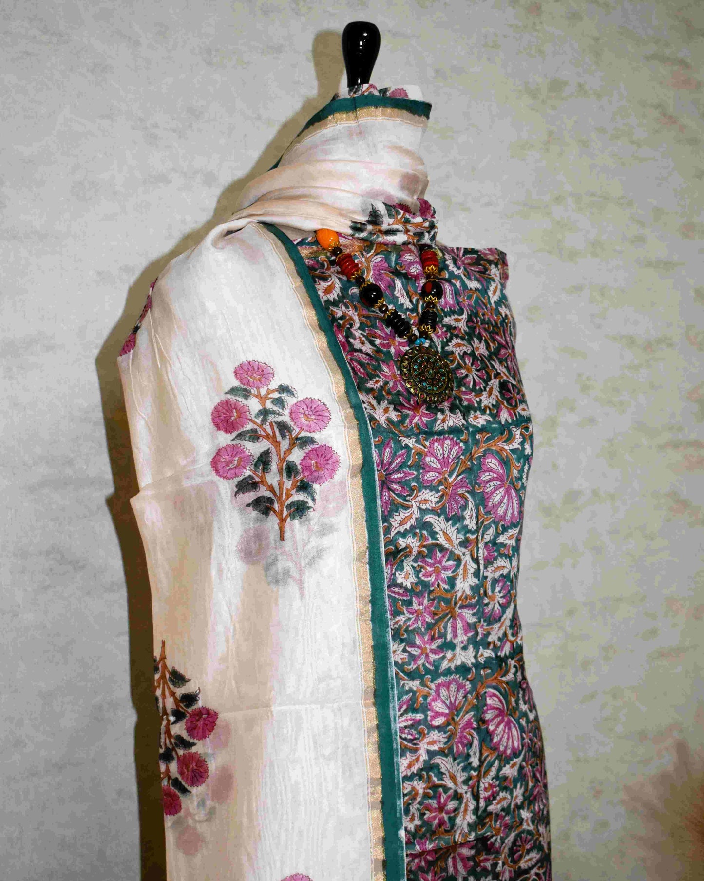Timeless Green Chanderi Silk Suit with All-over pink Floral Jaal Print