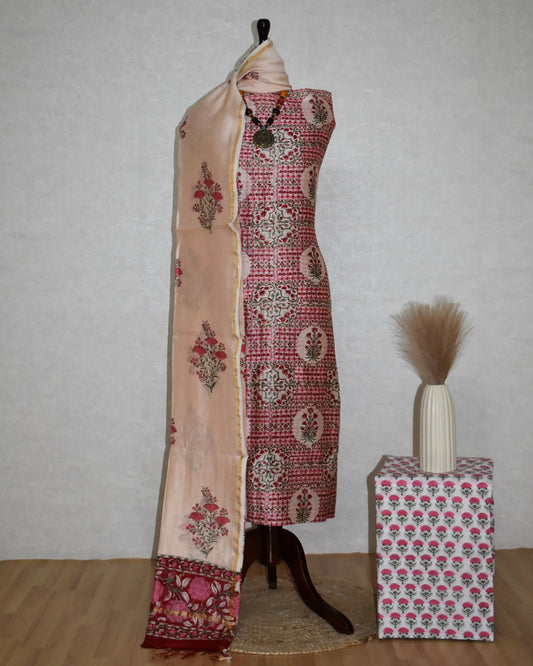 Timeless Red Chanderi Silk Suit with Floral Buta Sanganeri Print