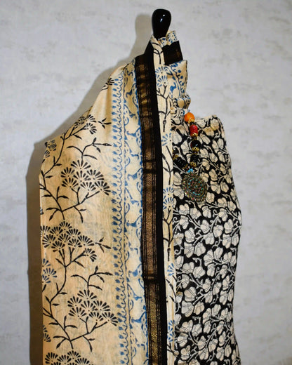 Timeless Black Chanderi Silk Suit with Floral Jaal Sanganeri Print
