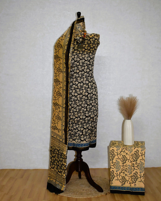 Timeless Black Chanderi Silk Suit with Floral Jaal Sanganeri Print