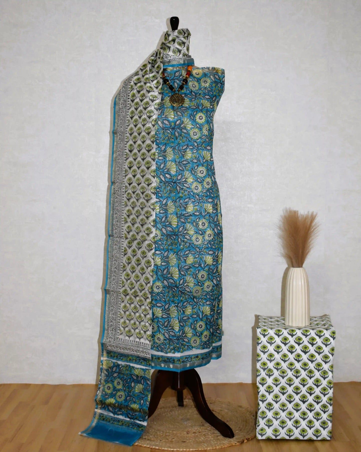 Timeless Blue Chanderi Silk Suit with Sanganeri Blue Floral Jaal Print