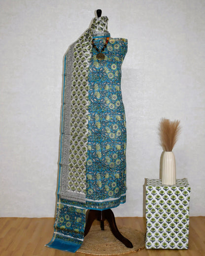 Timeless Blue Chanderi Silk Suit with Sanganeri Blue Floral Jaal Print