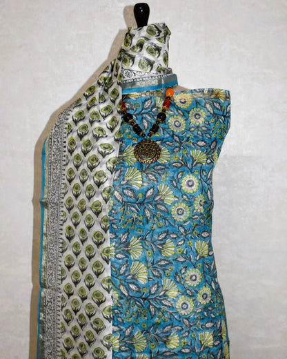 Timeless Blue Chanderi Silk Suit with Sanganeri Blue Floral Jaal Print