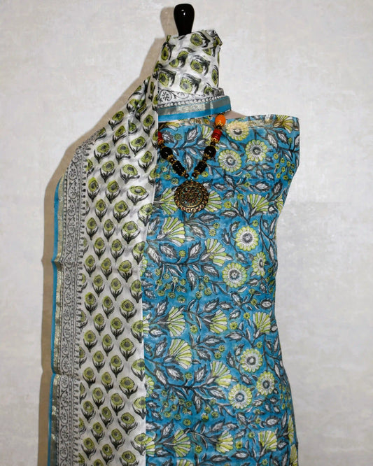 Timeless Blue Chanderi Silk Suit with Sanganeri Blue Floral Jaal Print