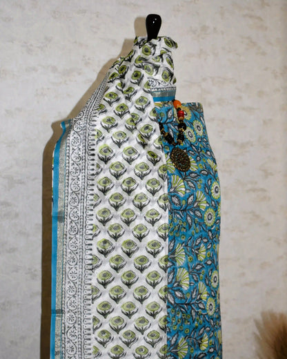 Timeless Blue Chanderi Silk Suit with Sanganeri Blue Floral Jaal Print