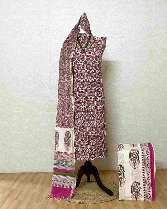 Hand Block Printed Premium Cotton Unstitched Suit with All-over Paisley Buta & Chanderi Silk Dupatta - Curated Edit (EHCH0007)