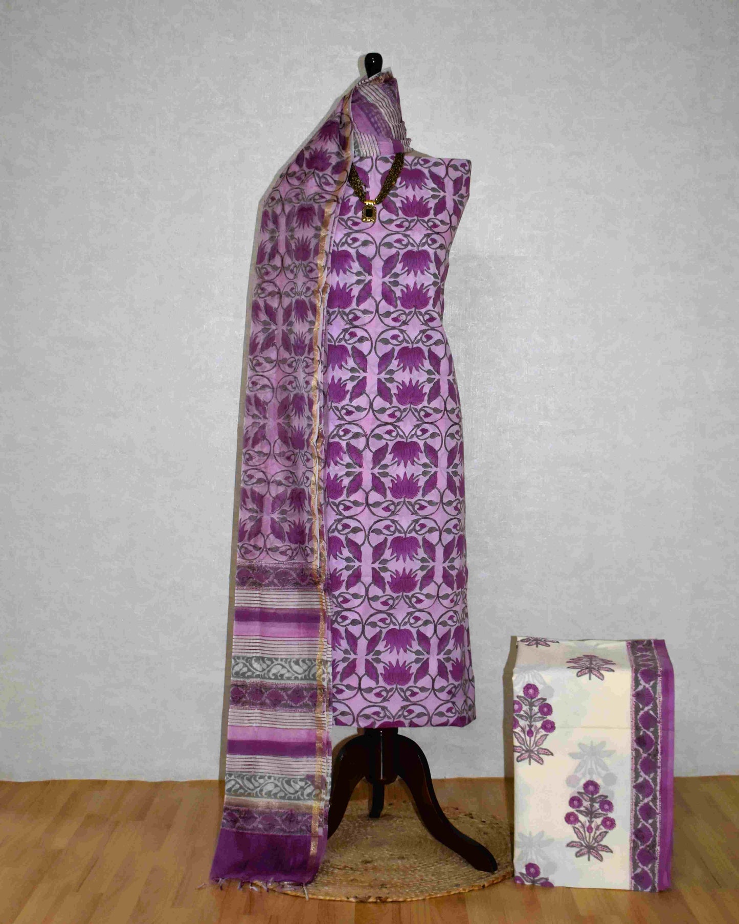 Hand Block Printed Premium Cotton suit set with Violet Floral veils & Chanderi Silk Dupatta - Curated Edit
