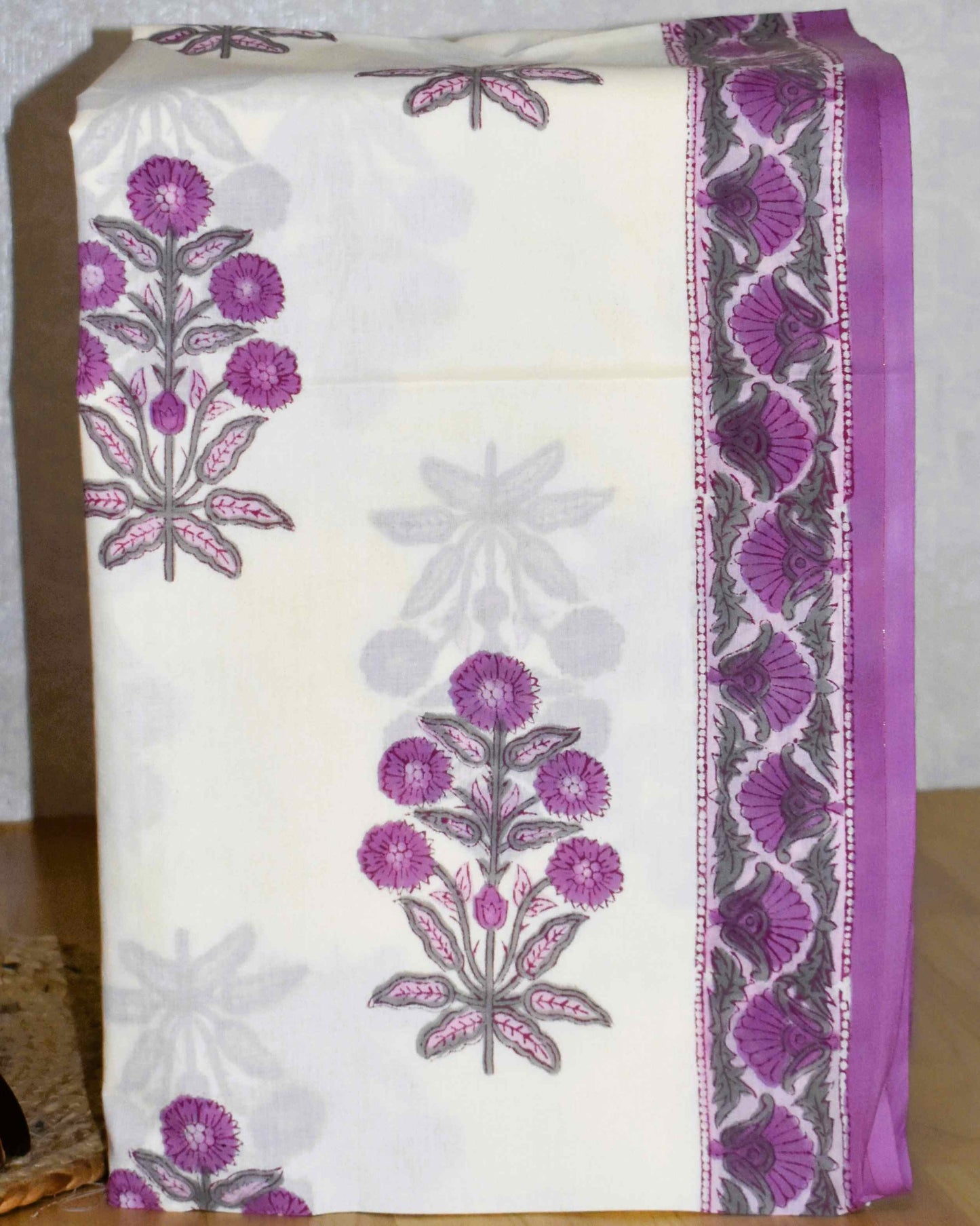 Hand Block Printed Premium Cotton suit set with Violet Floral veils & Chanderi Silk Dupatta - Curated Edit