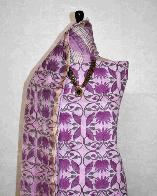 Hand Block Printed Premium Cotton Unstitched Suit with Violet Floral veils & Chanderi Silk Dupatta - Curated Edit